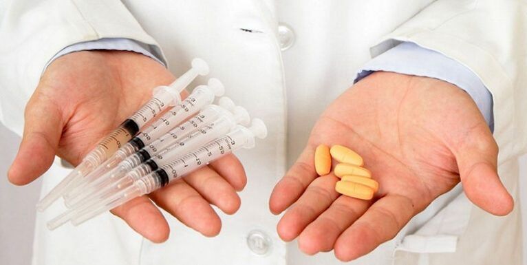 Inyecciones y comprimidos para el dolor lumbar.